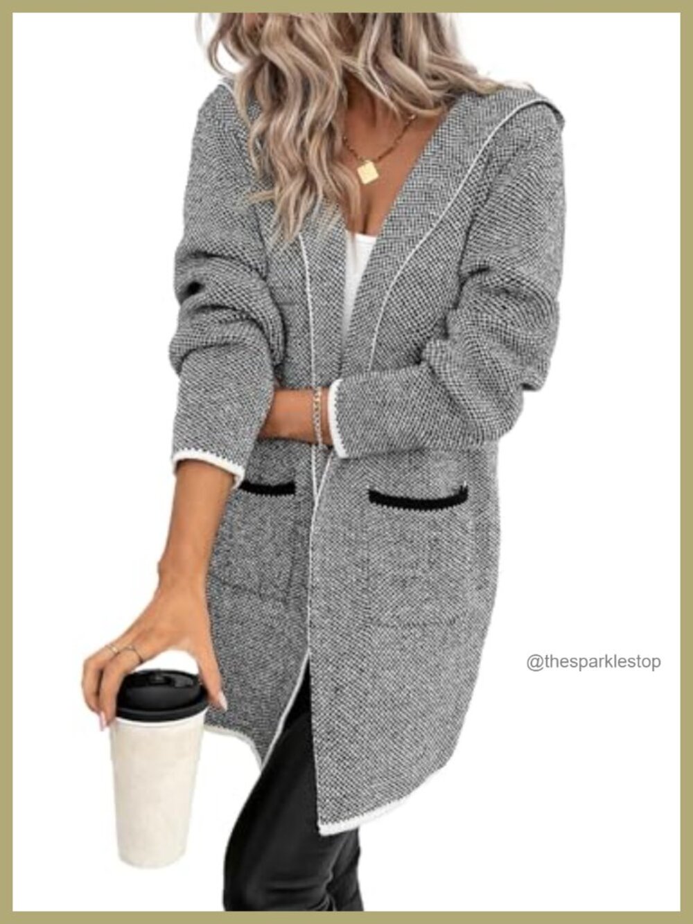 Oversized Hooded Chunky Knit Cardigan Sweater Open Front Pockets